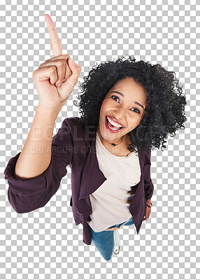 Buy stock photo Pointing, hand and portrait of happy woman on isolated, transparent or png background. Finger, decision and female person smile for gesture, sign or information, choice or announcement, promo or sign