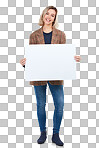 PNG of Studio shot of a young woman holding up a sign with blank copyspace