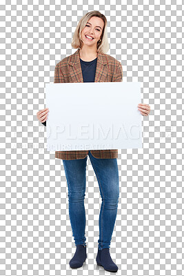 Buy stock photo Portrait of happy girl with mockup on poster for advertising, logo marketing or product placement. Woman with space on sign board for brand or advertisement isolated on transparent png background