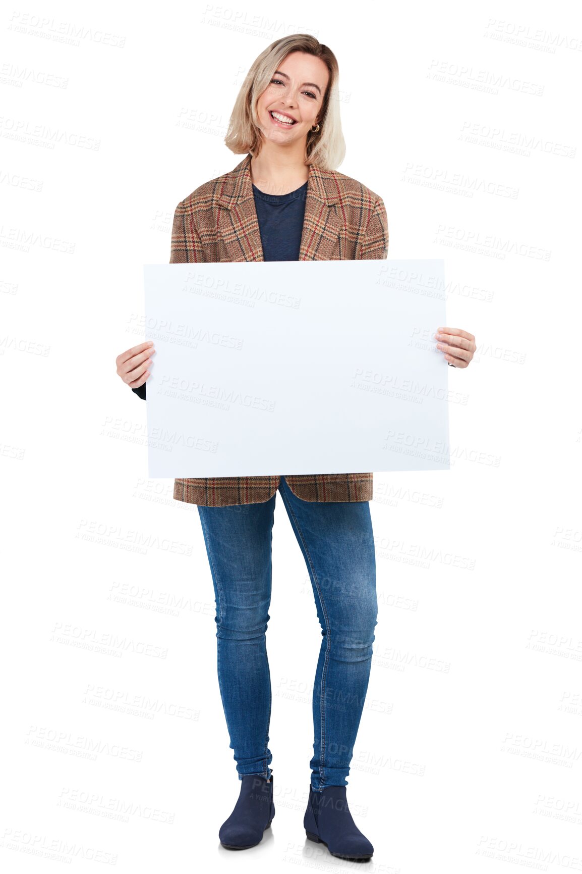 Buy stock photo Portrait of happy girl with mockup on poster for advertising, logo marketing or product placement. Woman with space on sign board for brand or advertisement isolated on transparent png background