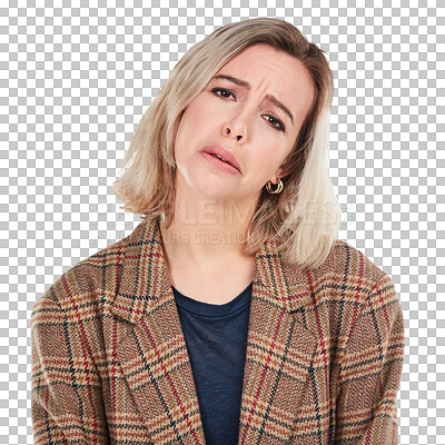 Buy stock photo Portrait, sad and cry by woman on isolated, transparent or png background in crisis or fail. Depression, face and female person with mental health, broken heart or stress and anxiety after a mistake