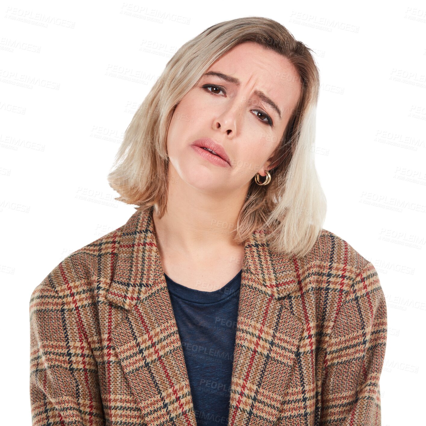 Buy stock photo Portrait, sad and cry by woman on isolated, transparent or png background in crisis or fail. Depression, face and female person with mental health, broken heart or stress and anxiety after a mistake