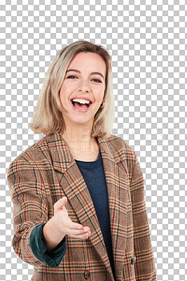 Buy stock photo Smile, handshake and portrait of happy woman with hand out isolated on transparent png background, thank you and recruitment. Deal agreement, hiring offer and welcome, businesswoman shaking hands.