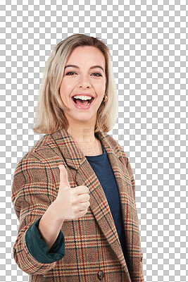 Buy stock photo Hand, thumbs up and portrait of happy woman with thank you sign on isolated, transparent and png background. Vote, success and face of female person with smile and emoji for feedback, review or news