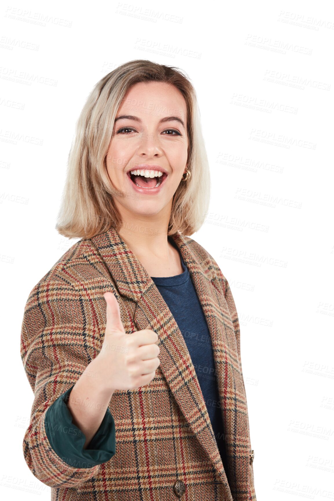 Buy stock photo Hand, thumbs up and portrait of happy woman with thank you sign on isolated, transparent and png background. Vote, success and face of female person with smile and emoji for feedback, review or news