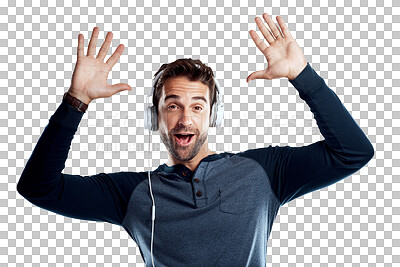 Buy stock photo Music, headphones and portrait of excited man isolated on transparent png background, listen with smile and audio. Happiness, fun and male model with earphones listening to radio streaming service.