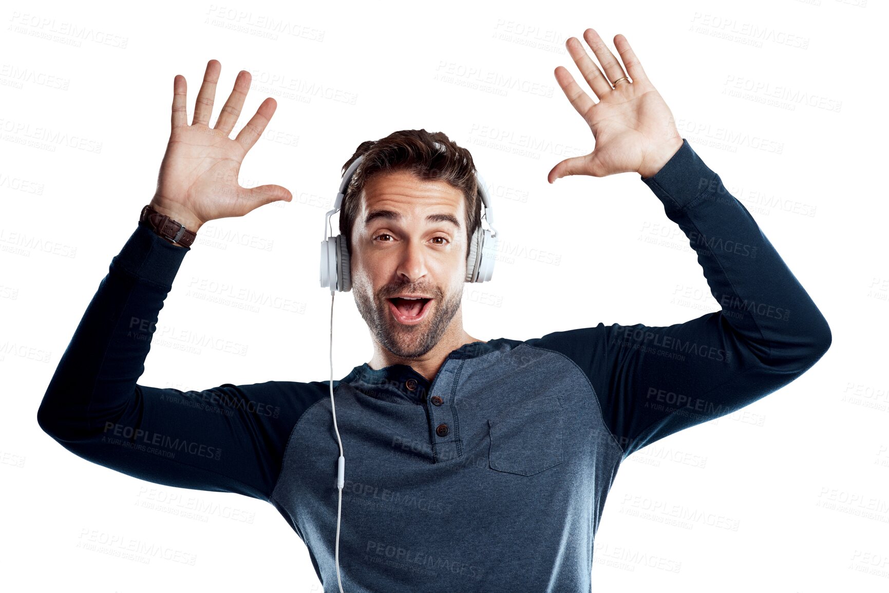 Buy stock photo Music, headphones and portrait of excited man isolated on transparent png background, listen with smile and audio. Happiness, fun and male model with earphones listening to radio streaming service.