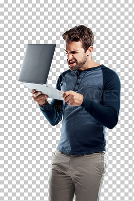 Buy stock photo Laptop problem, anger and man frustrated with web crash, online mistake or software system fail. Database error, tech crisis and person angry with 404 glitch isolated on transparent, png background