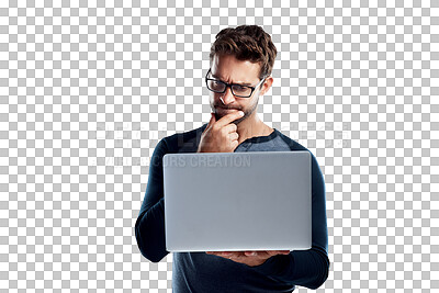Buy stock photo Thinking, laptop focus or man reading online plan, research or problem solving IT solution for computer error. Brainstorming, information technology or person isolated on transparent, png background