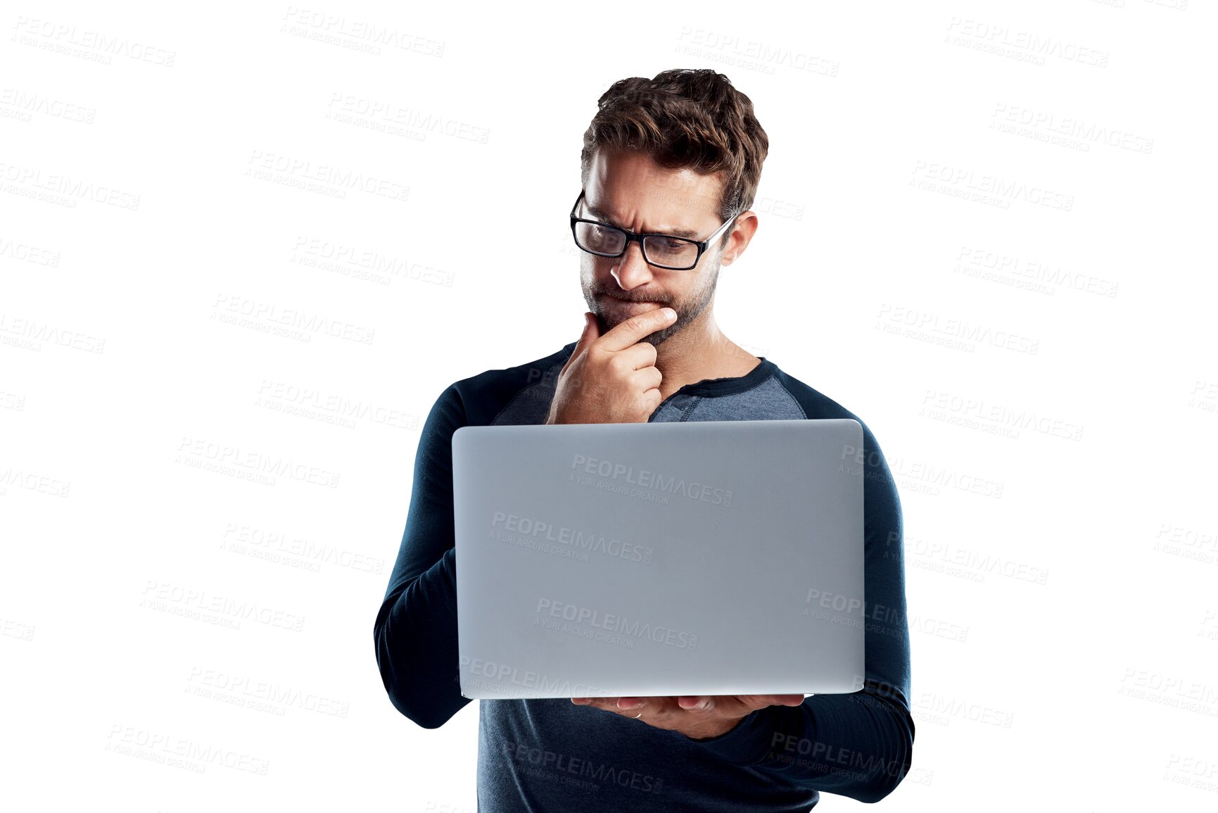 Buy stock photo Thinking, laptop focus or man reading online plan, research or problem solving IT solution for computer error. Brainstorming, information technology or person isolated on transparent, png background