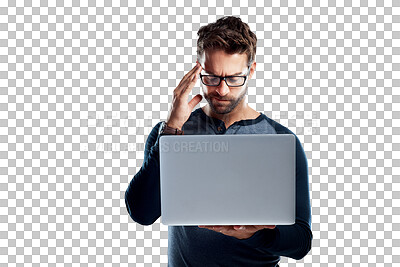 Buy stock photo Laptop problem, reading and man stress over online mistake, bad feedback or computer database error. Project analysis mistake, crisis and person with tech fail isolated on transparent, png background