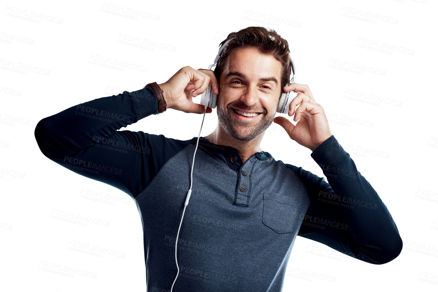 Buy stock photo Music, headphones and smile, portrait of man isolated on transparent png background listening to podcast audio app. Happiness, fun and male model with earphones, listen and radio streaming service.