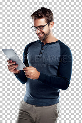 Buy stock photo Happy man with smile, tablet and glasses isolated on transparent png background, online and checking email. Social media, internet and male model with digital app, search and freelance worker on web.