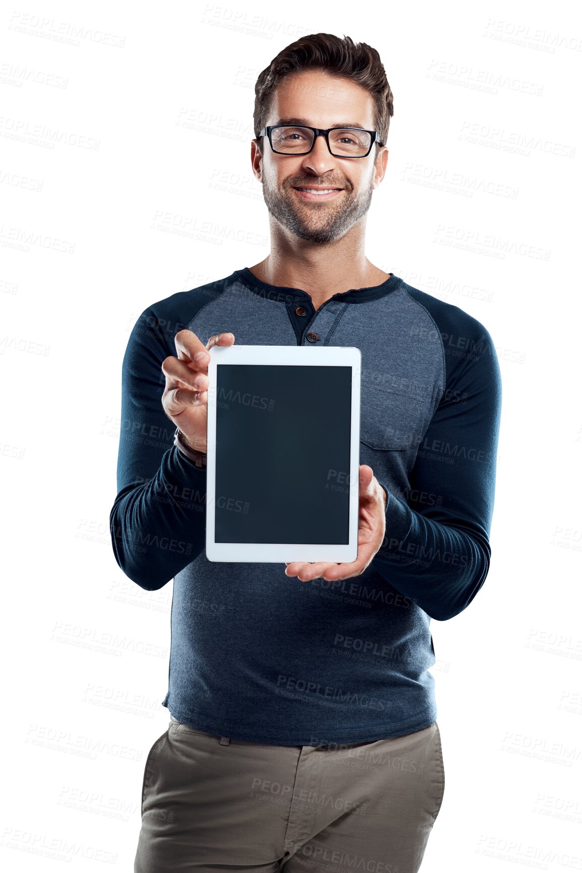 Buy stock photo Tablet screen, mockup and portrait of business man on transparent background for networking, social media and internet. Digital, technology and online with male employee isolated on png to show app
