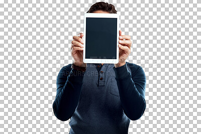 Buy stock photo Tablet, mockup and screen with business man on transparent background for networking, social media and internet. Digital, technology and online with male employee isolated on png for app show
