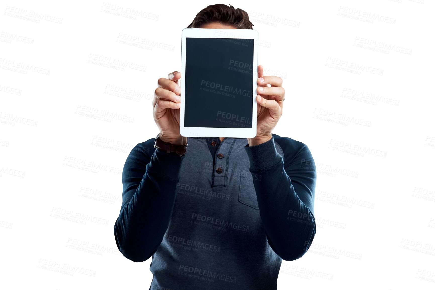 Buy stock photo Tablet, mockup and screen with business man on transparent background for networking, social media and internet. Digital, technology and online with male employee isolated on png for app show