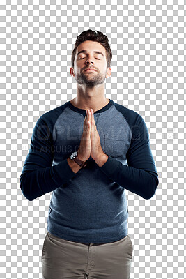 Buy stock photo Religion prayer, man and praying worship for higher power, grace or holy spiritual help, respect or Jesus Christ. Christian, gratitude and person hope for God isolated on transparent, png background