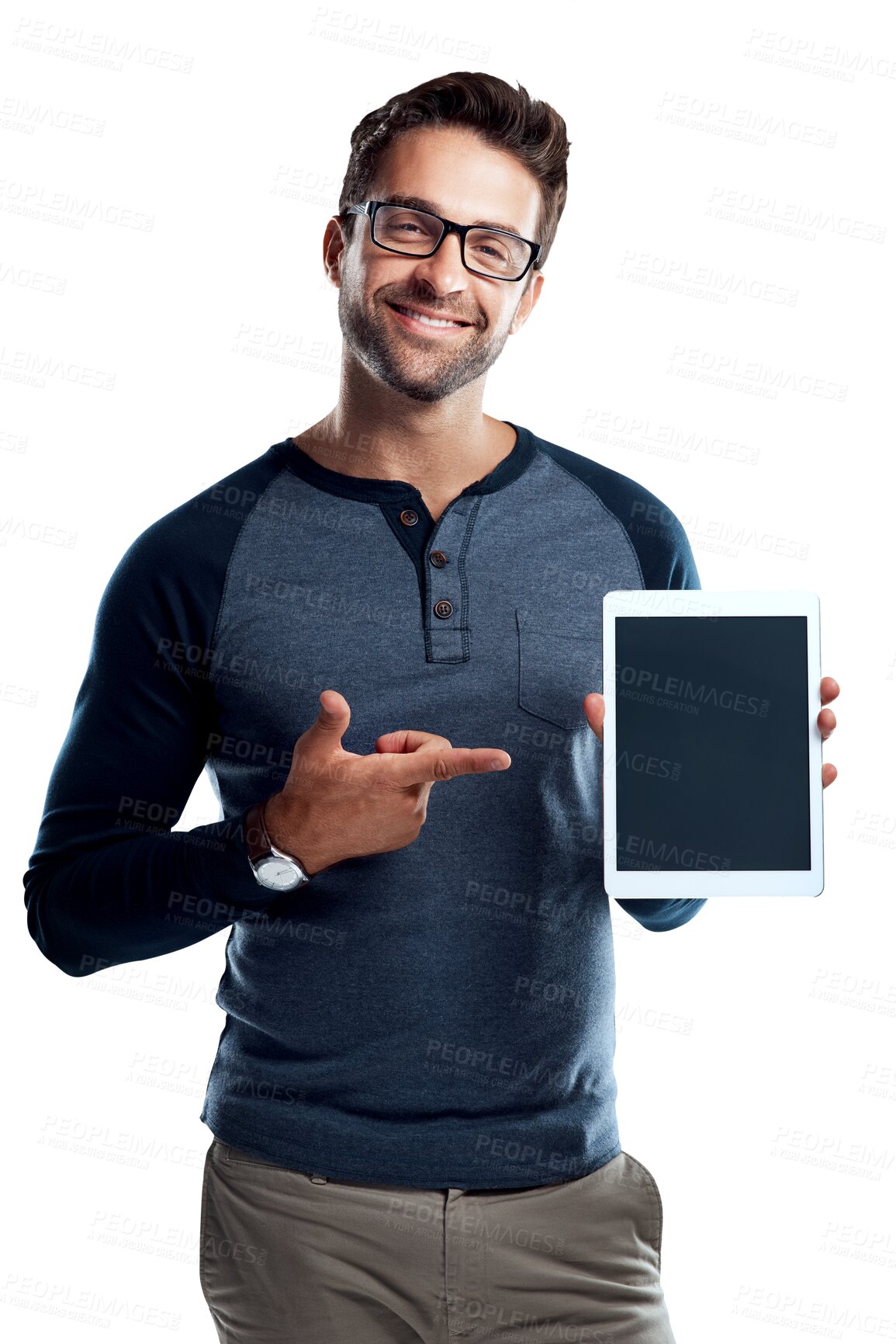 Buy stock photo Tablet, mockup and pointing with portrait of man on transparent background for networking, social media and internet. Digital, technology and online with male employee isolated on png for app show