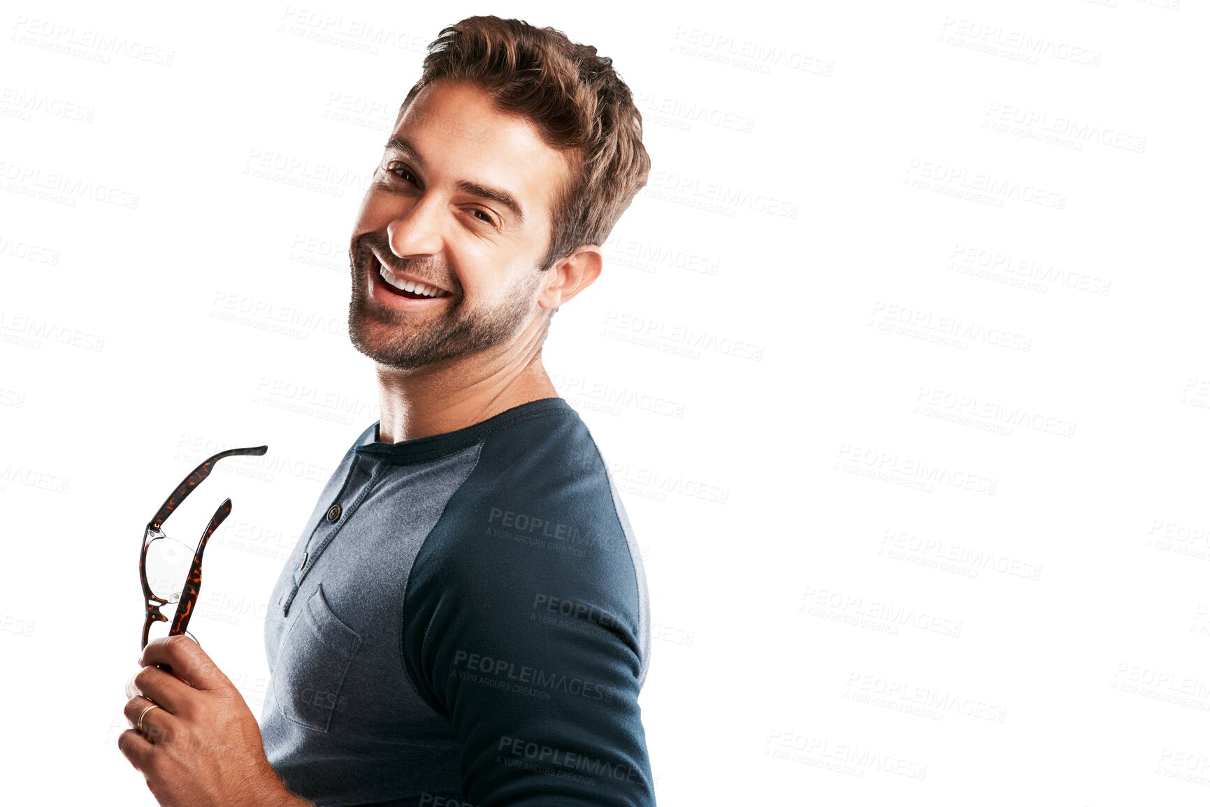 Buy stock photo Portrait, handsome and happy man isolated on transparent png background holding glasses with casual fashion. Relax, smile and male model with confidence, positive mindset and happiness with pride.