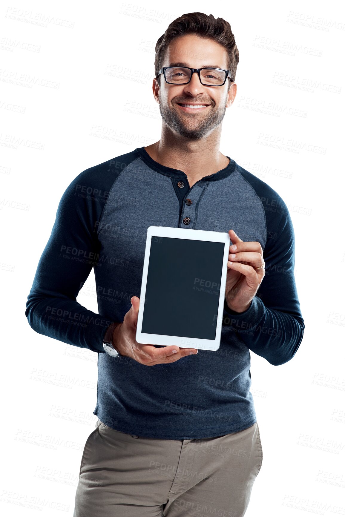 Buy stock photo Tablet, mockup and happy with portrait of man on transparent background for networking, social media and internet. Digital, technology and online with male developer isolated on png for app show