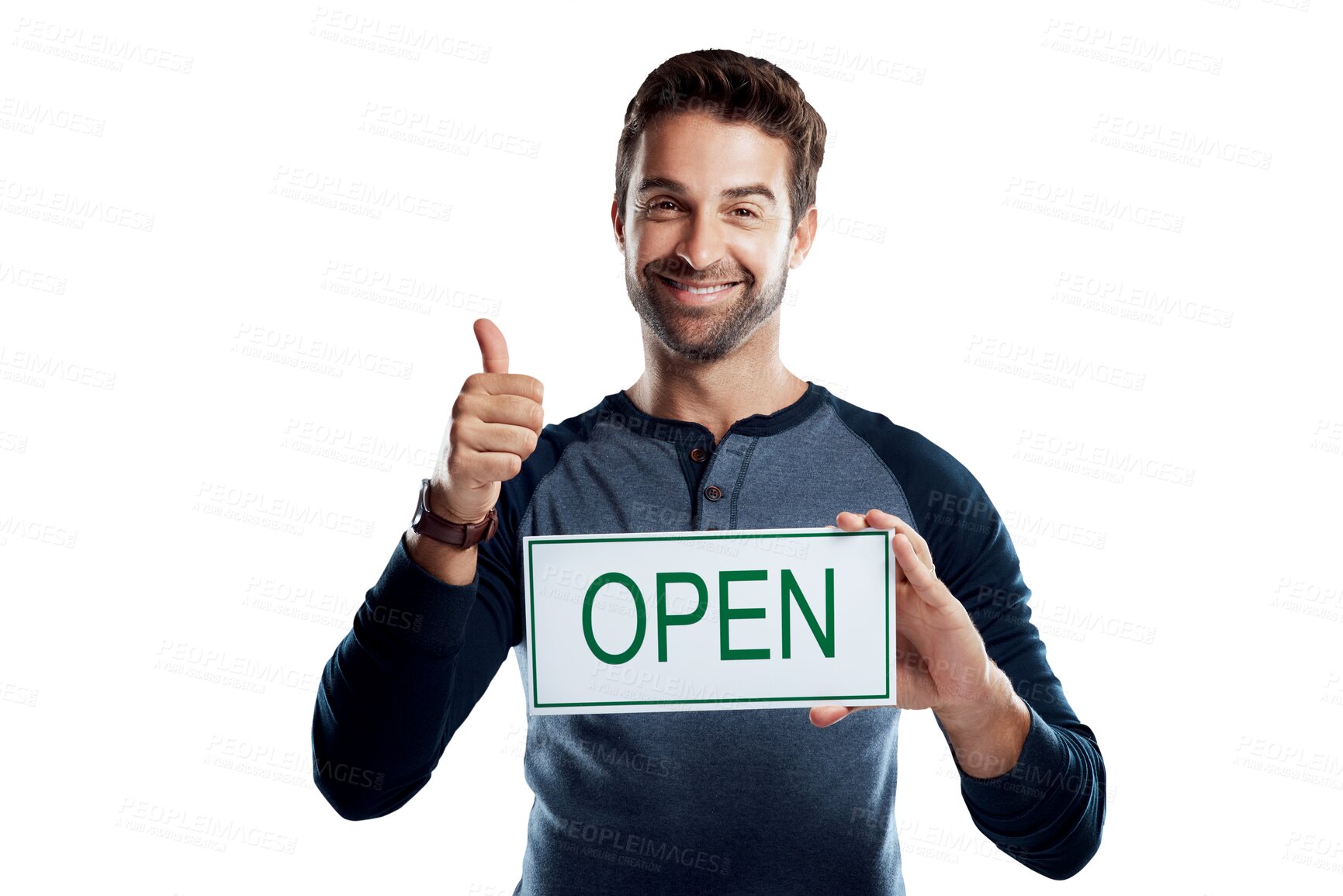 Buy stock photo Portrait, thumbs up and happy man with open sign, poster or banner for small business start, announcement or service. Emoji gesture, promo signage or man smile isolated on transparent, png background