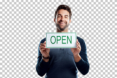 Buy stock photo Portrait, happiness or man smile for open sign, small business promotion or excited for welcome notification. Opening, billboard or person advertising services isolated on transparent, png background