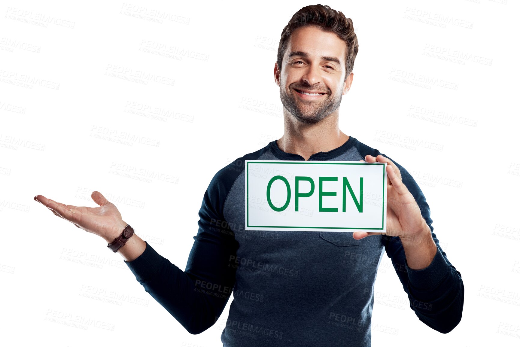 Buy stock photo Portrait, smile and happy man with welcome open sign, poster or banner for small business opening announcement. Promo signage and person advertising services isolated on transparent, png background