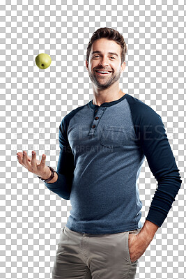 Buy stock photo Smile, apple and portrait of man isolated on transparent png background for health, wellness and nutrition. Healthy food, diet and happy male model throwing green fruit for healthcare or dental care.