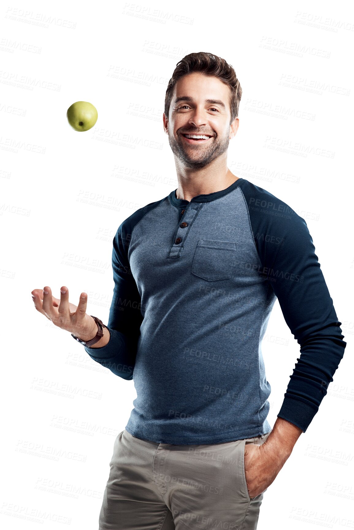 Buy stock photo Smile, apple and portrait of man isolated on transparent png background for health, wellness and nutrition. Healthy food, diet and happy male model throwing green fruit for healthcare or dental care.