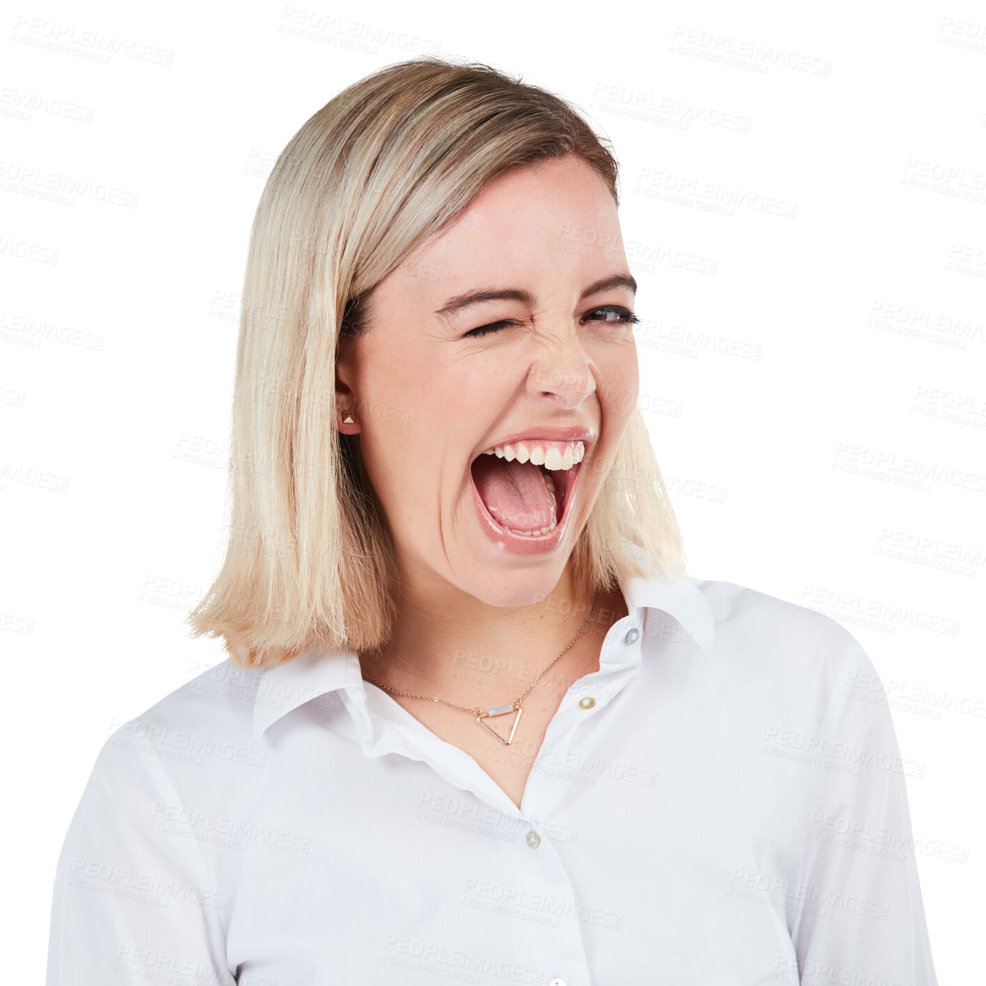 Buy stock photo Wink, happy and portrait of woman for work isolated on transparent png background. Flirty, smile and a young employee winking for expression, motivation or secret with a face headshot for corporate