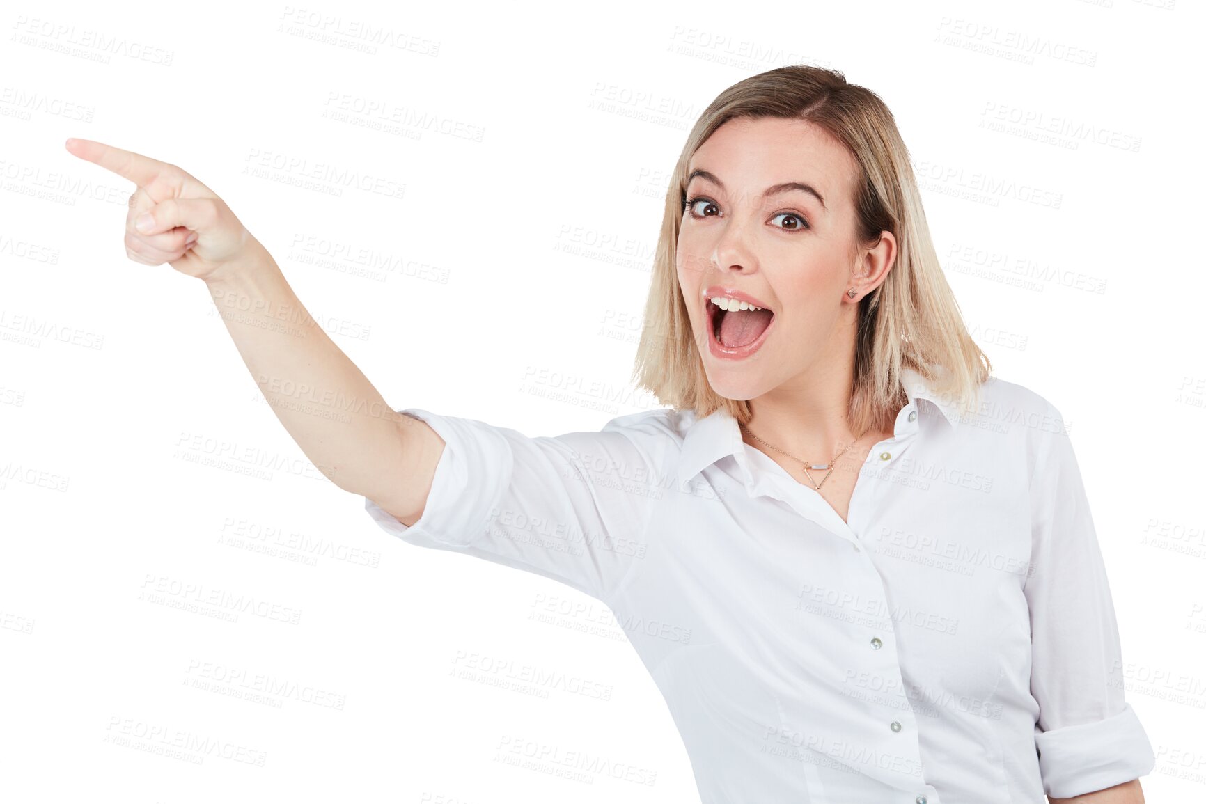 Buy stock photo Portrait, excited and business woman point at advertising information, brand logo or product sales promotion. Discount, commercial and professional person isolated on a transparent, png background