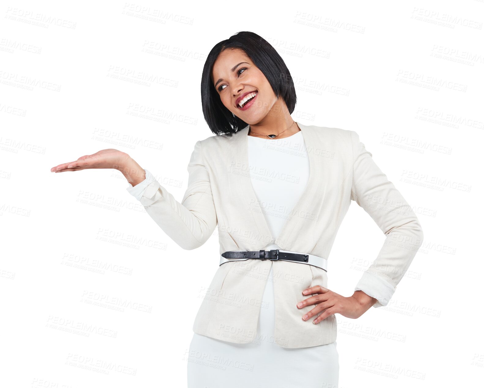 Buy stock photo Presentation, happy woman and palm gesture for business advertising info, brand logo or product sales launch. Branding, commercial and professional person isolated on a transparent, png background