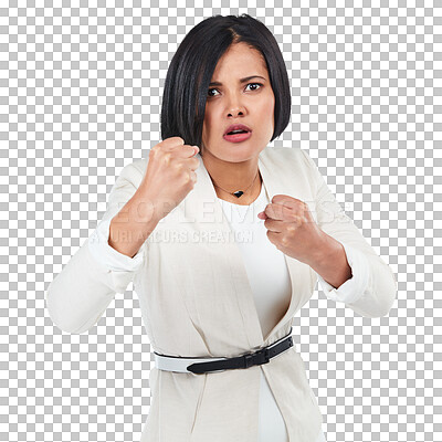 Buy stock photo Isolated business woman, fist fight and portrait for conflict, legal battle and transparent png background. Young businesswoman, entrepreneur or lawyer with boxing hands for power, justice or court