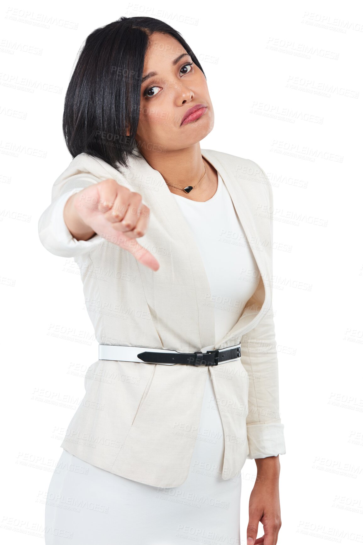 Buy stock photo Disappointed, woman and portrait with thumb down with failure in png or transparent and isolated background as entrepreneur. Sad face, fail and hand sign is upset and wrong about career or employee.