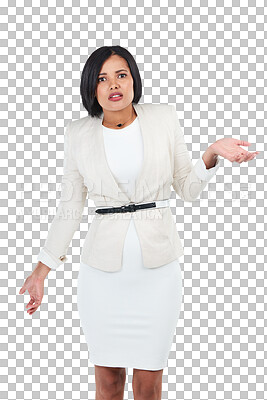 Buy stock photo Portrait, doubt and question with a confused woman isolated on a transparent background in uncertainty. Why, problem and shrug with an unsure young female person asking for a decision on PNG
