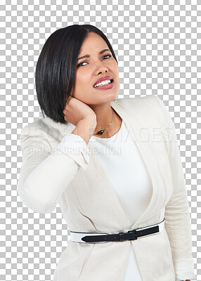 Buy stock photo Neck pain, corporate portrait and woman with problem, spine injury or medical emergency crisis from business accident. Sprain, trauma and professional person isolated on transparent, png background