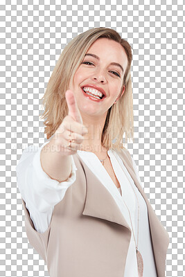 Buy stock photo Portrait, business and woman with thumbs up, support and confident lady isolated on a transparent background. Female person, like and consultant with a smile, hand gesture and agreement with png