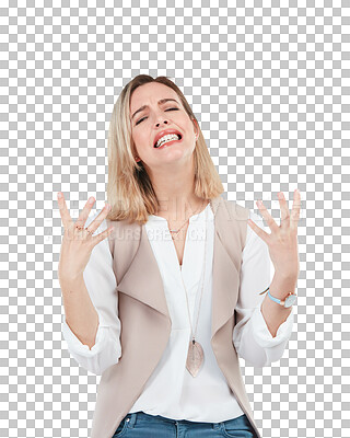 Buy stock photo Stress, angry and portrait with anxiety and woman in png or isolated or transparent background. Frustrated, moody and extreme emotion or anger or female person for mental health or grief or bad news.
