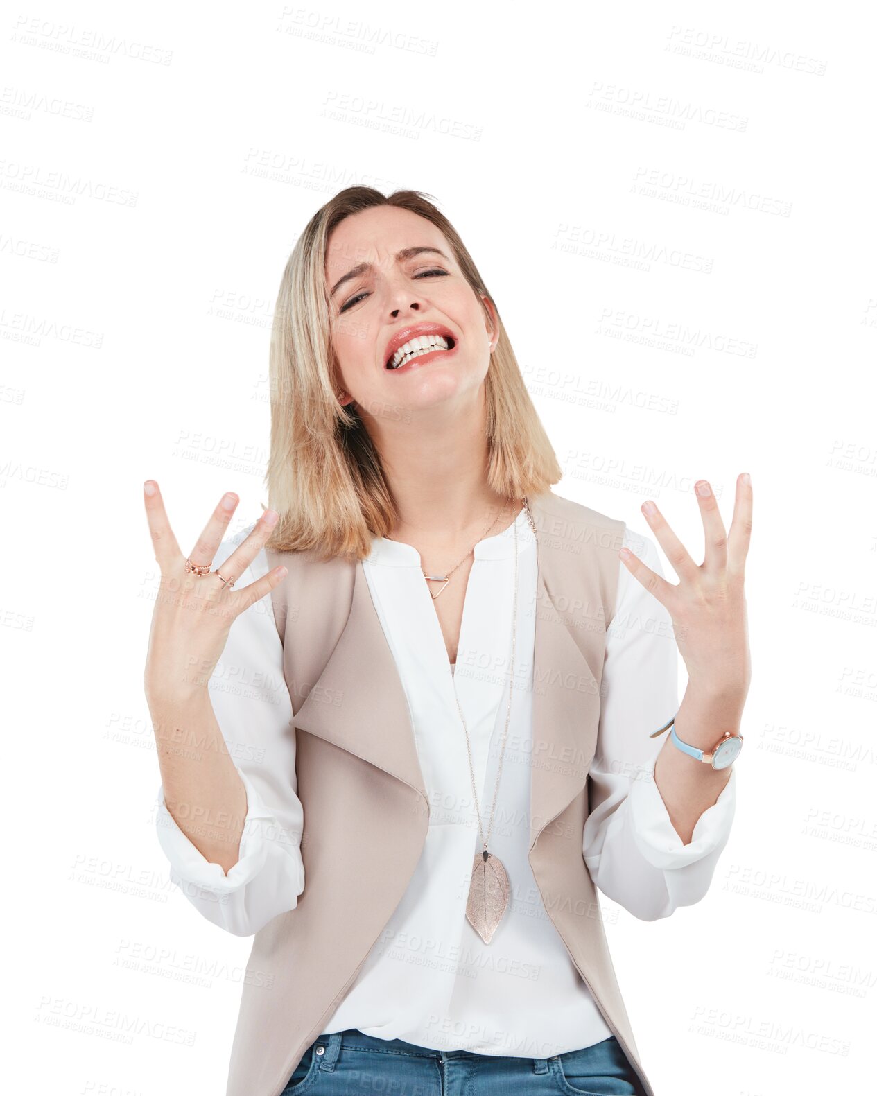 Buy stock photo Stress, angry and portrait with anxiety and woman in png or isolated or transparent background. Frustrated, moody and extreme emotion or anger or female person for mental health or grief or bad news.
