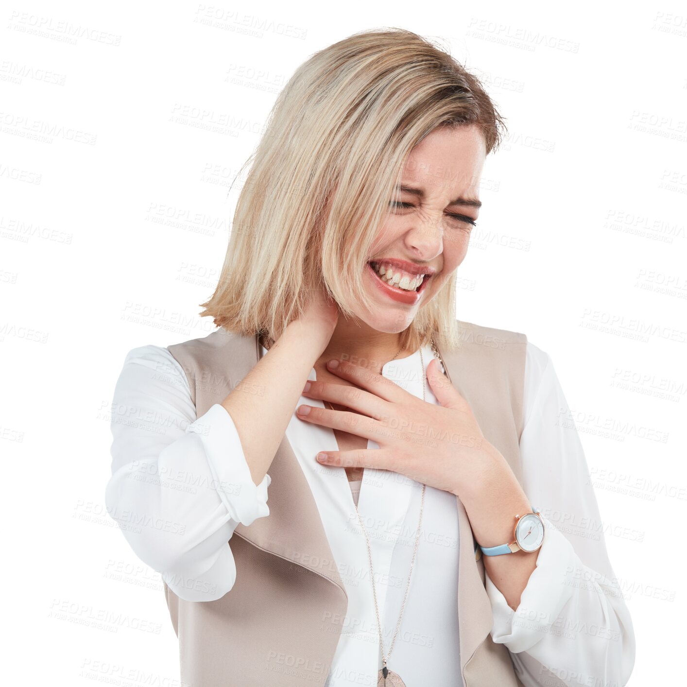 Buy stock photo Neck pain injury, sore and business woman massage muscle ache, tension or medical emergency crisis. Bad joint accident, anatomy risk and corporate person agony isolated on transparent, png background