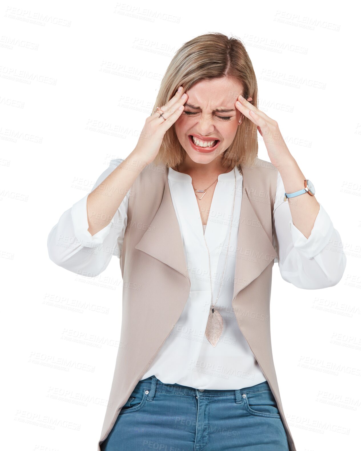 Buy stock photo Headache pain, mental health and business woman suffer from migraine problem, corporate stress or medical emergency. Anxiety, pressure or frustrated person isolated on transparent, png background