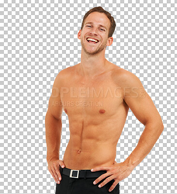 Buy stock photo Isolated man, abs and smile in portrait for health, fitness and confident by transparent png background. Happy young guy, topless or excited for strong muscle, healthy body and wellness with laugh