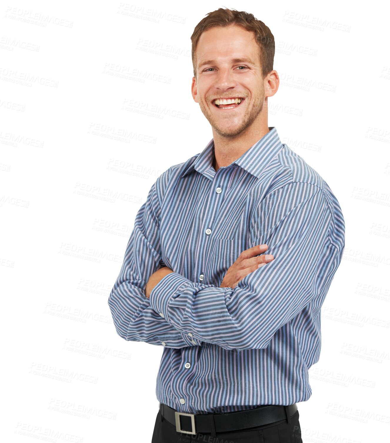 Buy stock photo Portrait, smile and arms crossed with a business man isolated on transparent background for executive style. Smile, happy and corporate with a handsome young male employee in clothes for work on PNG