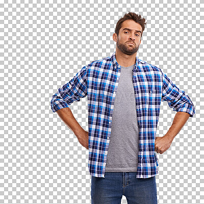 Buy stock photo Man, suspicious and angry portrait isolated on a transparent, png background with attitude. Casual and serious male person with hands on hip for problem, disappointment review or tough guy character