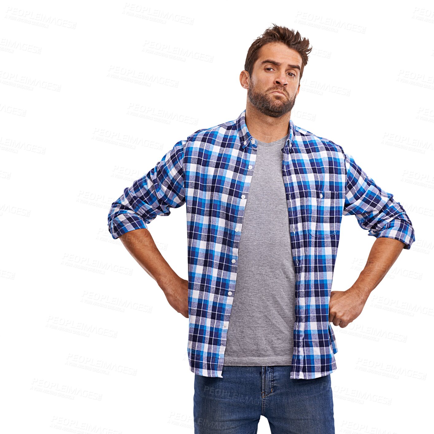Buy stock photo Man, suspicious and angry portrait isolated on a transparent, png background with attitude. Casual and serious male person with hands on hip for problem, disappointment review or tough guy character