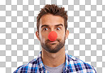 PNG of Studio shot of a handsome man wearing a red nose 