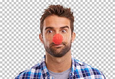 Buy stock photo Funny, man and portrait with red nose day and charity for png or isolated and transparent background. Crazy male, silly and face of clown and goofy expression for fun or a celebration and holiday.