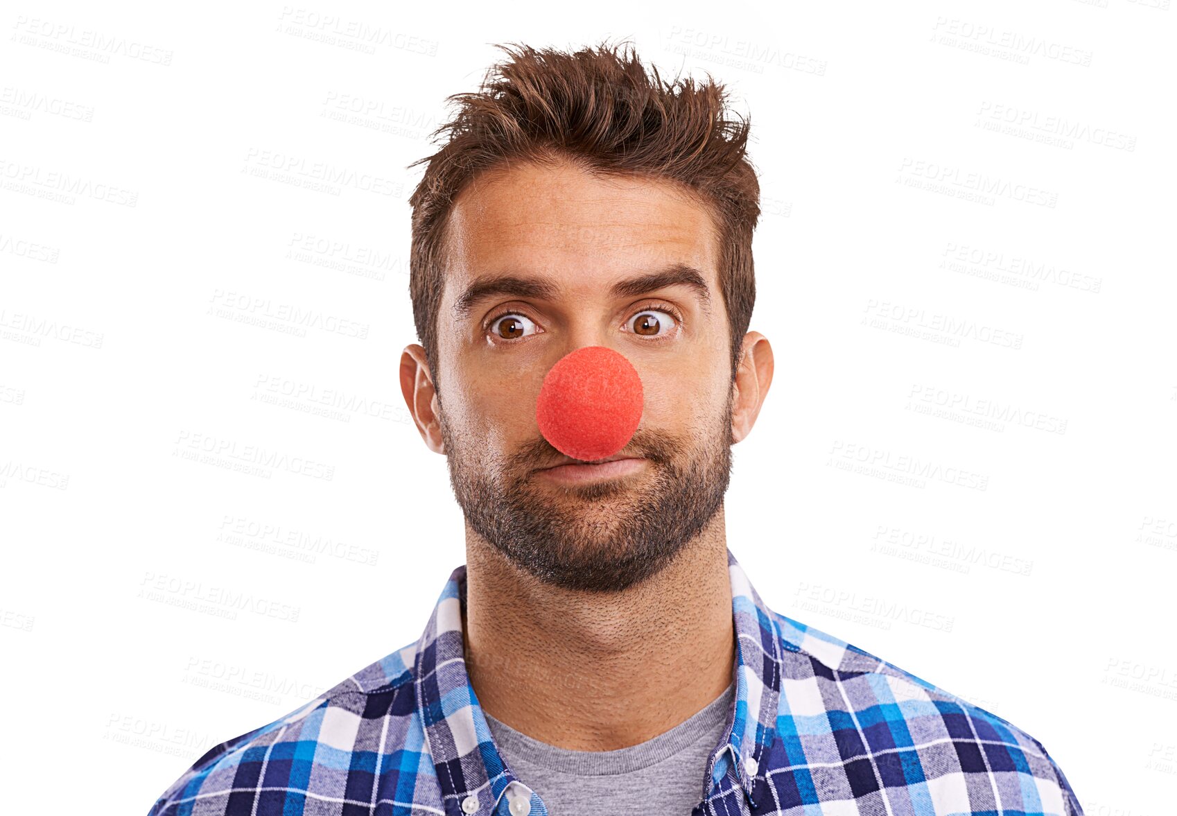 Buy stock photo Funny, man and portrait with red nose day and charity for png or isolated and transparent background. Crazy male, silly and face of clown and goofy expression for fun or a celebration and holiday.