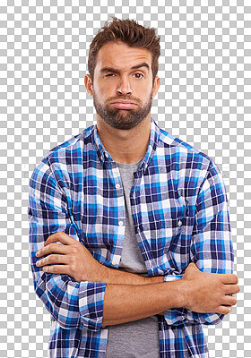 Buy stock photo Confused face, portrait of a man with his arms crossed isolated and against a transparent png background. Thinking or ideas, annoyed and male person pose with facial expression for a question
