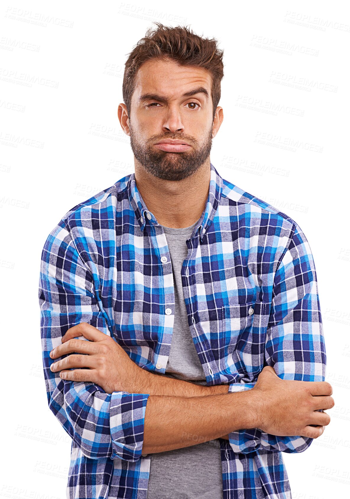 Buy stock photo Confused face, portrait of a man with his arms crossed isolated and against a transparent png background. Thinking or ideas, annoyed and male person pose with facial expression for a question